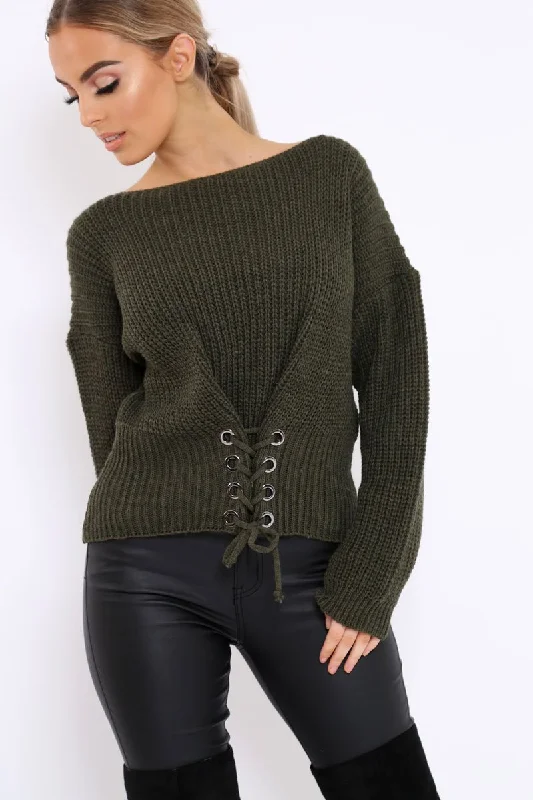 Khaki Chunky Knit Corset Waist Knitted Jumper - Mikayla