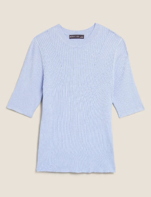 Ribbed Crew Neck Fitted Short Sleeve Jumper