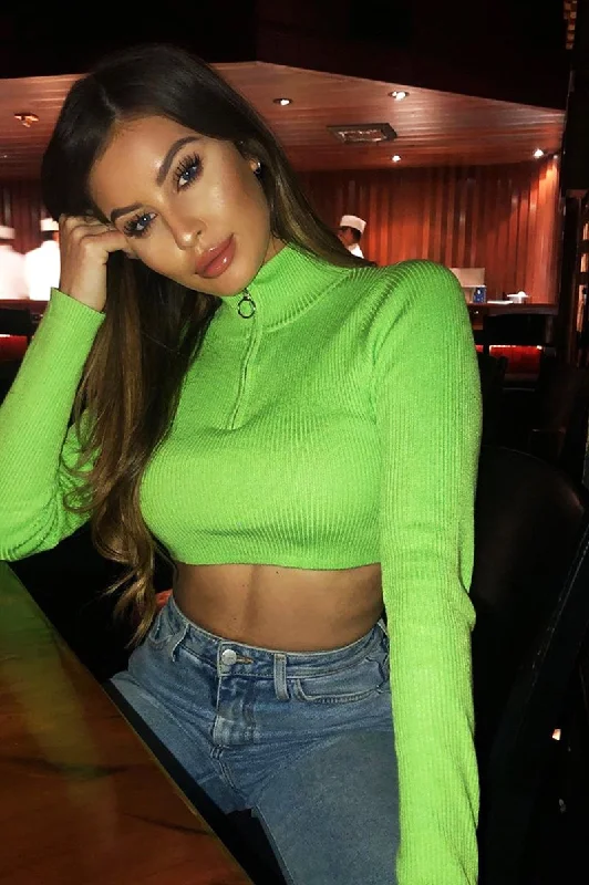 Lime Half Zip Rib Crop Jumper - Elisea