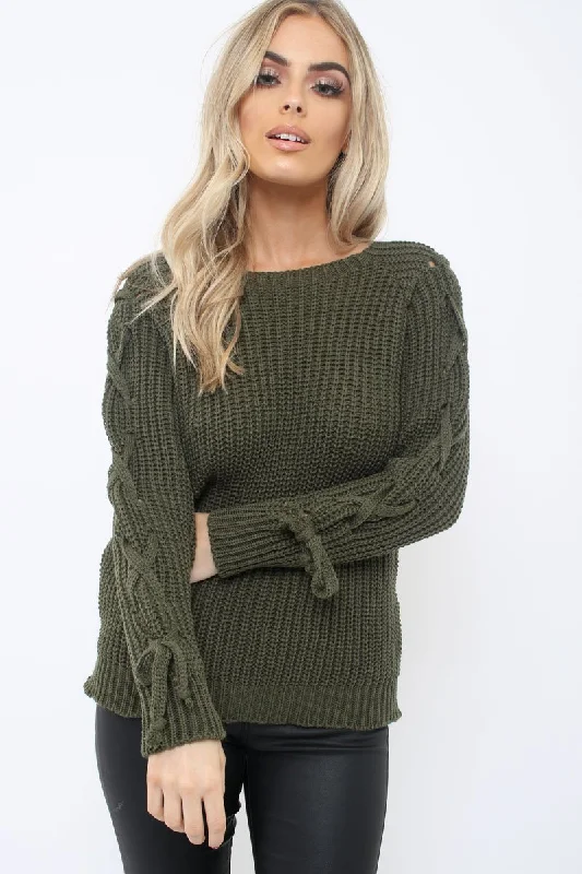 Khaki Chunky Knit Lace Up Sleeve Jumper - Sarah