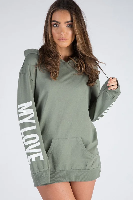 Khaki 'My Love' Slogan Oversized Hoodie - Tish