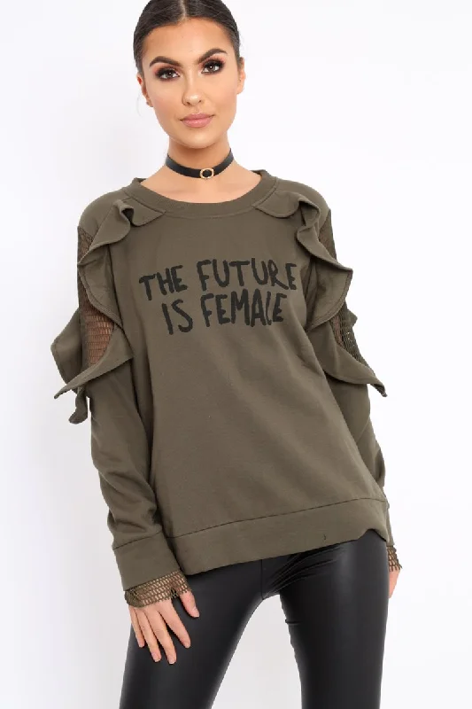 Khaki The Future Is Female Fishnet Frill Jumper - Jaeonna