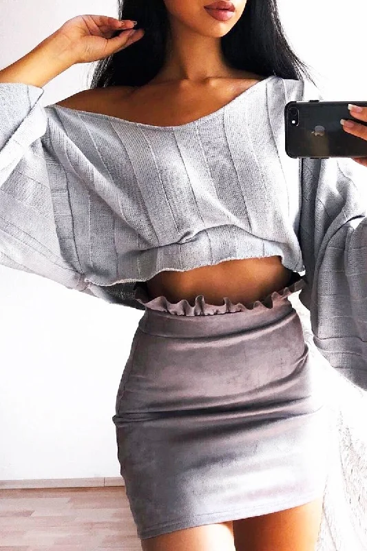 Grey Striped Cropped Batwing Jumper with V neck -Karri