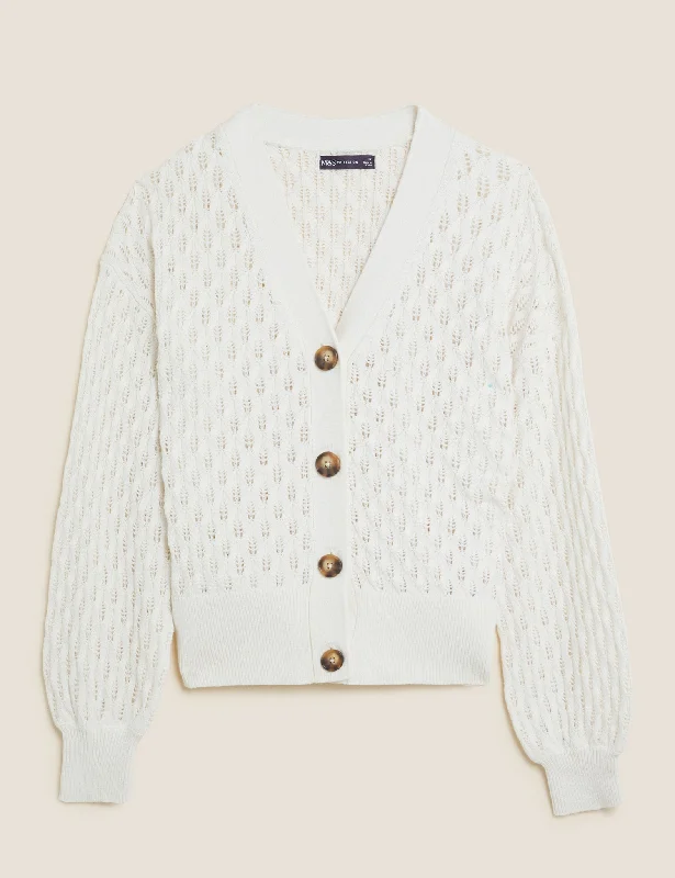 Cotton Pointelle V-Neck Cardigan