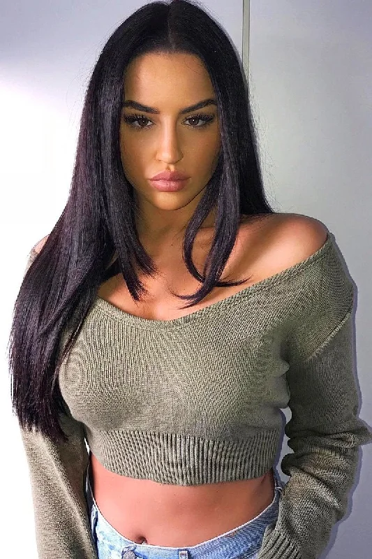 Khaki Crop V Neck Knit Jumper - Rozella