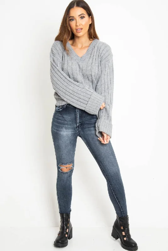 Grey Wide Rib V Neck Jumper - Alinah