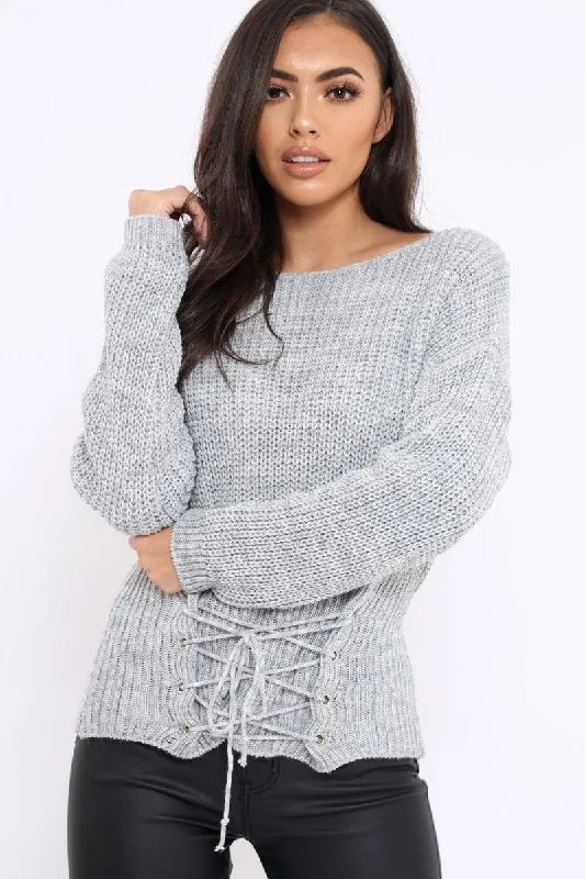 Light Grey Corset Waist Knitted Jumper - Elizabeth