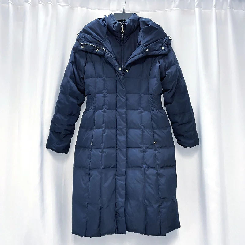 Wmns COLE HAAN Down Filled Navy Blue Long Hooded Quilted Long Puffer Coat Sz XS