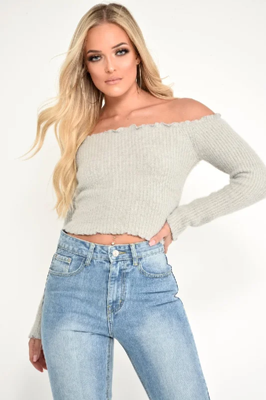 Grey Soft Knit Bardot Crop Jumper - Sidnee