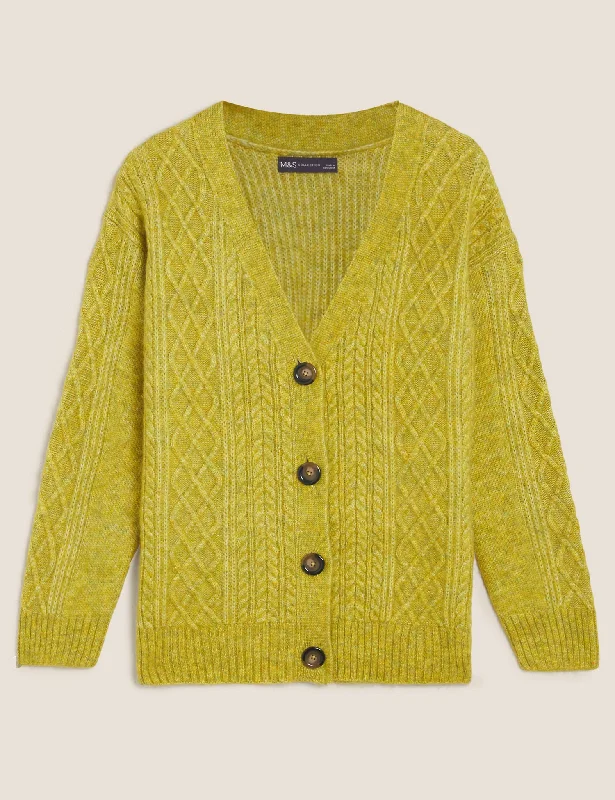 Cable Knit V-Neck Cardigan with Wool